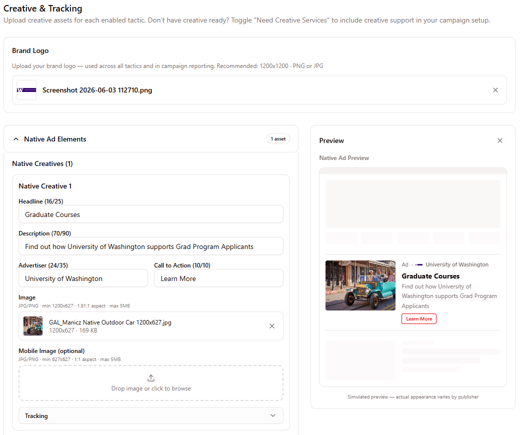 Step 4 of the Manifold campaign wizard, building a native ad with headline, description, advertiser, image, and a live in-feed preview